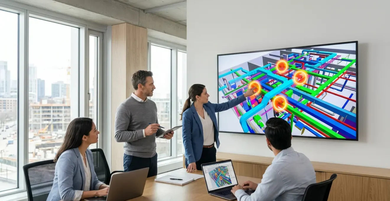 Construction professionals analyzing 3D BIM models on screens during coordination meeting