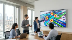 Construction professionals analyzing 3D BIM models on screens during coordination meeting