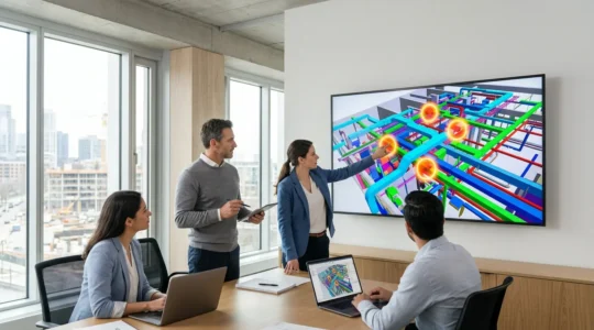 Construction professionals analyzing 3D BIM models on screens during coordination meeting