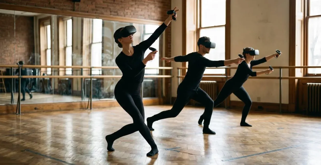 Actors in rehearsal space wearing VR headsets while practicing choreographed movements