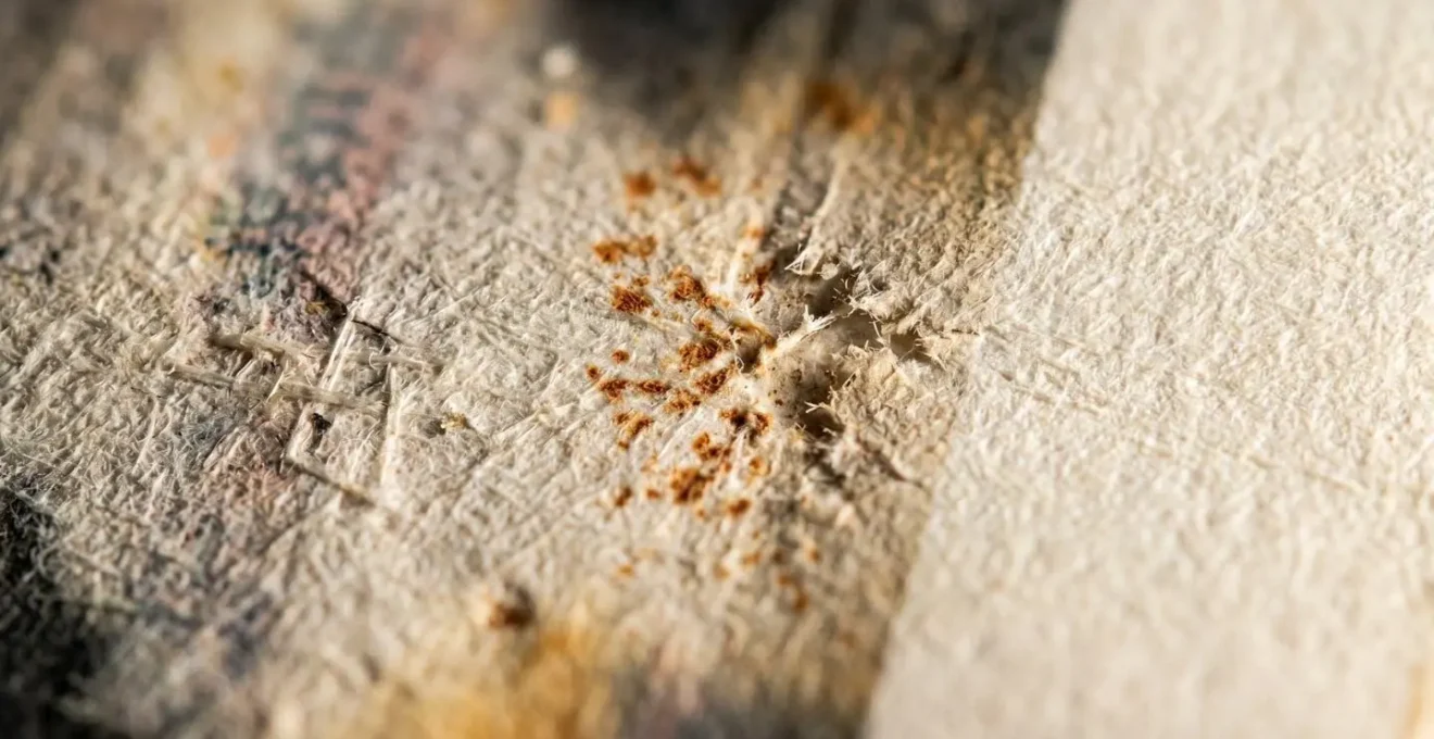 Extreme close-up macro photograph showing fine details and imperfections in an art print surface