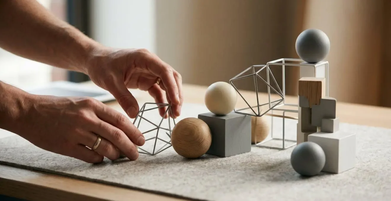 Close-up of hands arranging abstract geometric elements representing algorithmic concept mapping