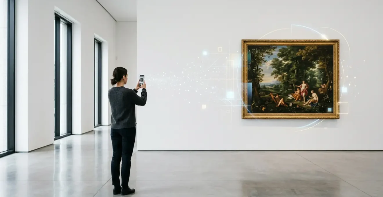 Museum visitor using smartphone AR to interact with classical painting showing digital overlays