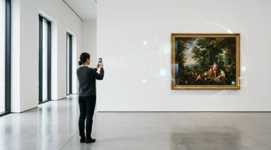 Museum visitor using smartphone AR to interact with classical painting showing digital overlays