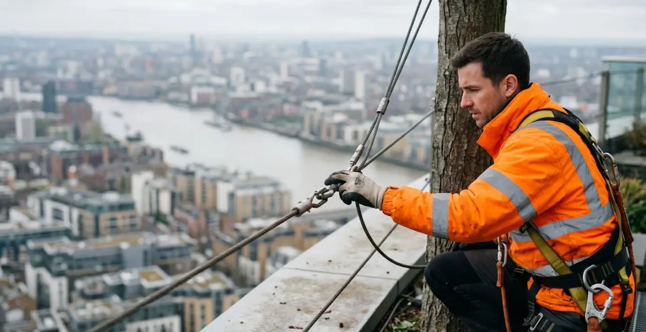 Professional arborist conducting safety tether inspection on high-rise building balcony with London skyline in background
