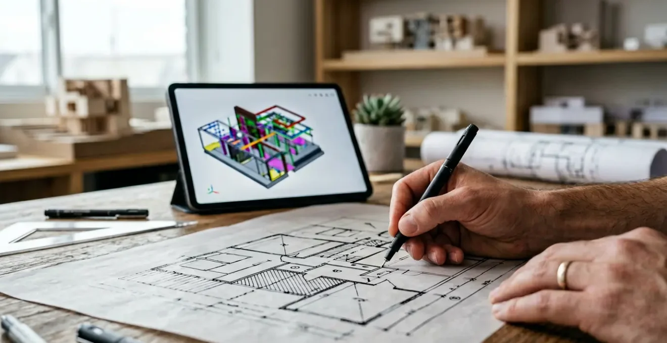 Architect blending hand-drawn sketches with digital architectural workflow in modern studio