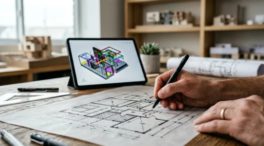 Architect blending hand-drawn sketches with digital architectural workflow in modern studio