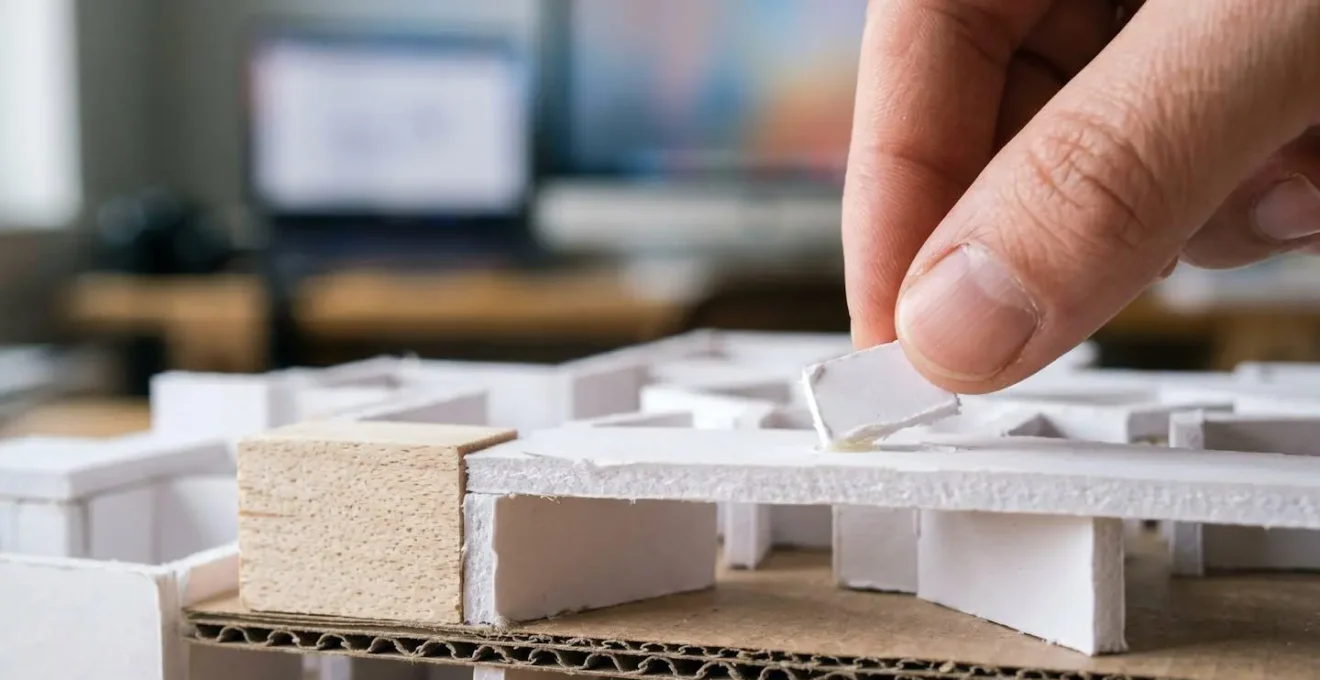 Macro shot of architect's hands working on physical model with digital elements