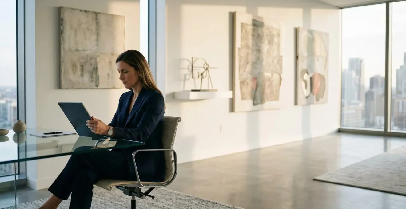 Art collector reviewing digital lending options on tablet with valuable paintings in background