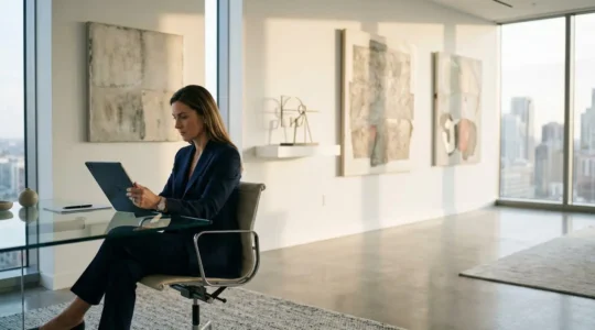 Art collector reviewing digital lending options on tablet with valuable paintings in background