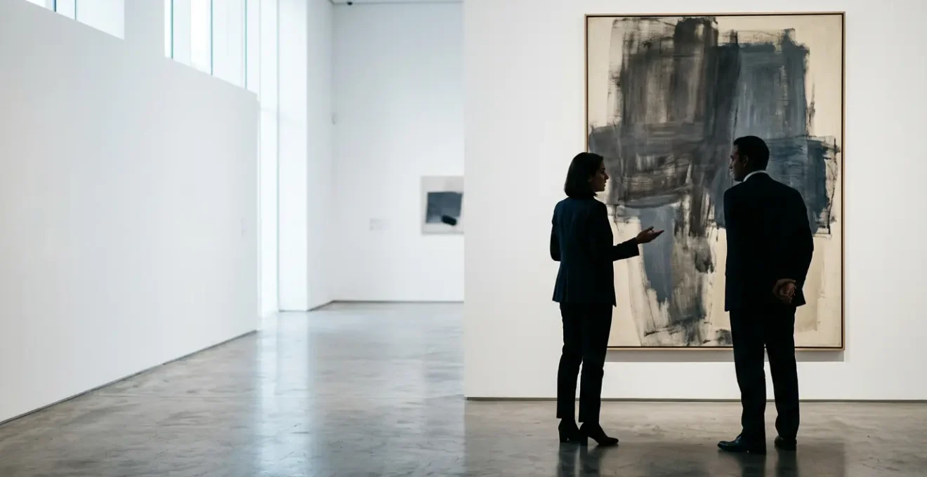 Art dealer examining artwork with collector in exclusive London gallery