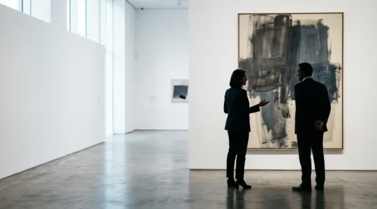 Art dealer examining artwork with collector in exclusive London gallery