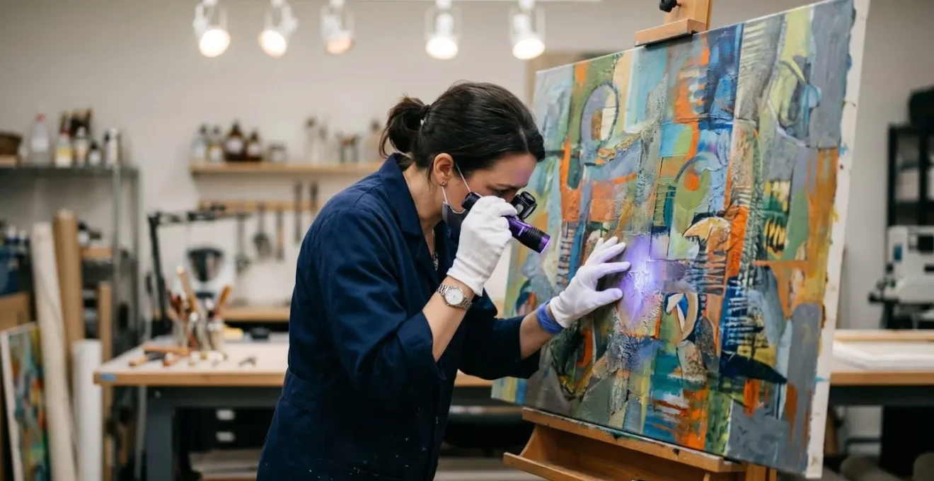 Professional art appraiser examining a contemporary painting with specialized equipment