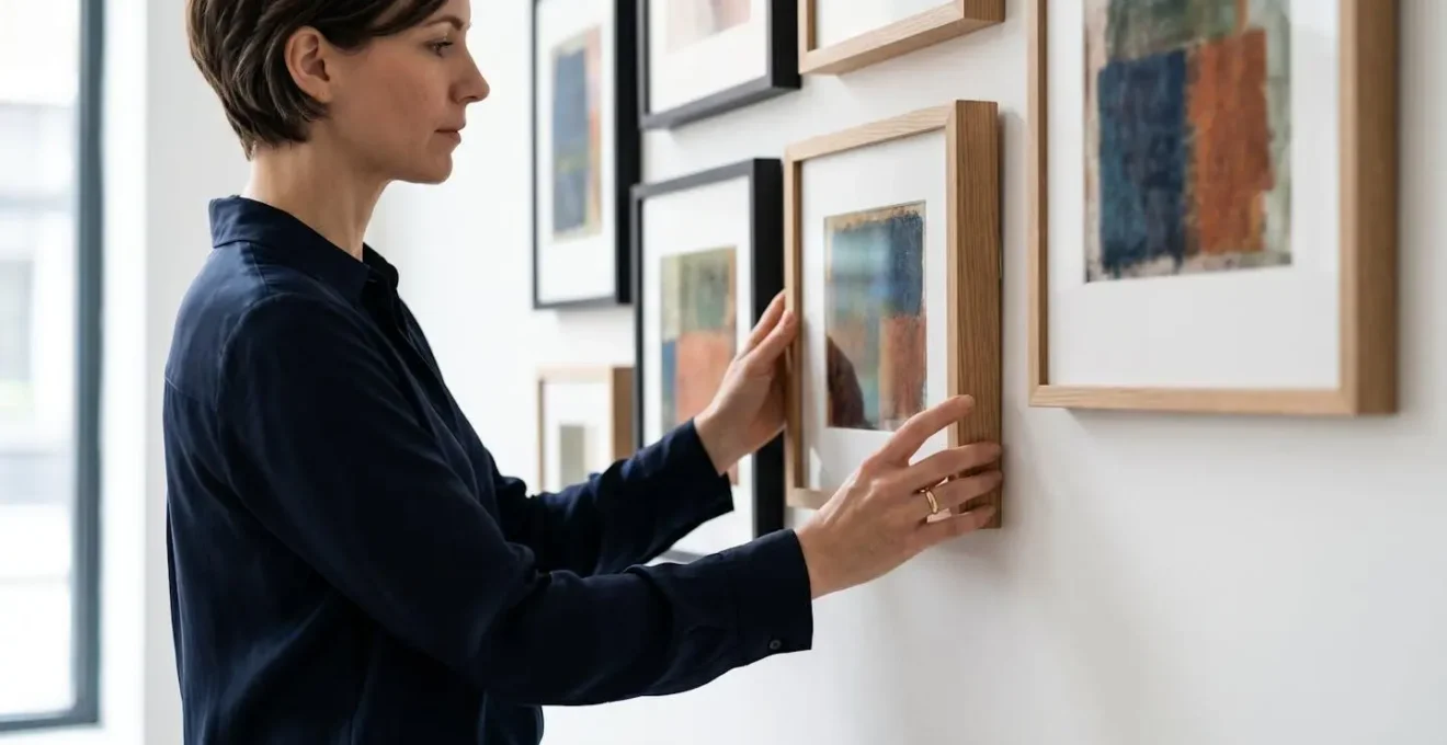 Hands arranging diverse artwork collection pieces on minimalist gallery wall representing portfolio optimization