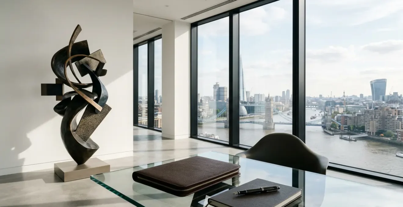 High-value art collection in contemporary financial setting with tax documents subtly blurred in background