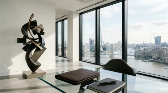 High-value art collection in contemporary financial setting with tax documents subtly blurred in background
