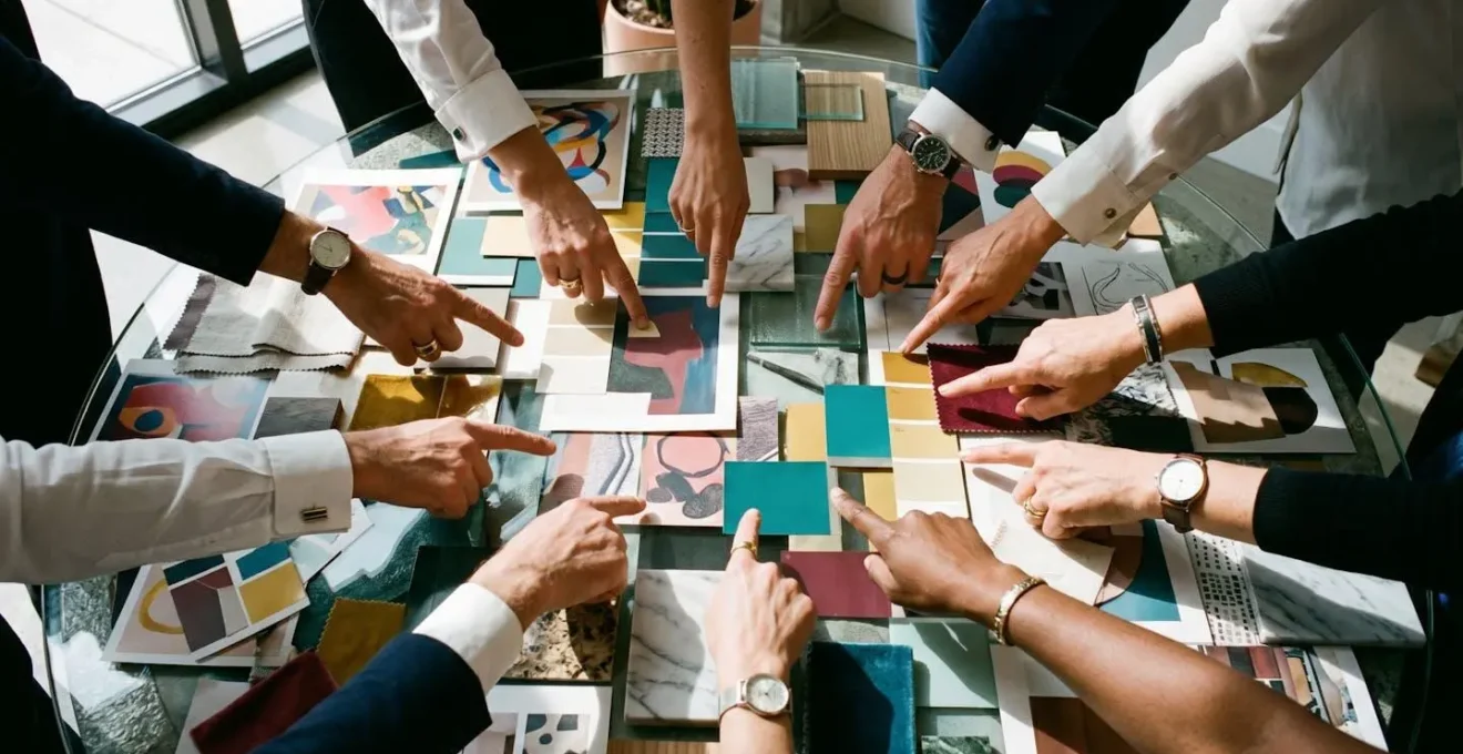 Group of collectors examining artwork samples in a private viewing room