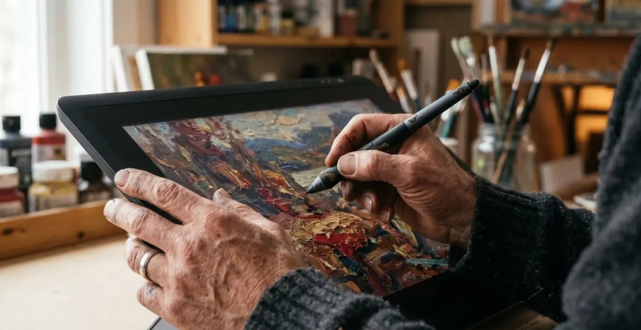 Artist's perspective showing hands working with digital stylus, multiple software options visible