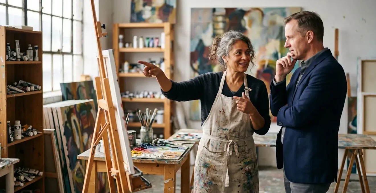 Artist's studio workspace showing creative process and business discussion