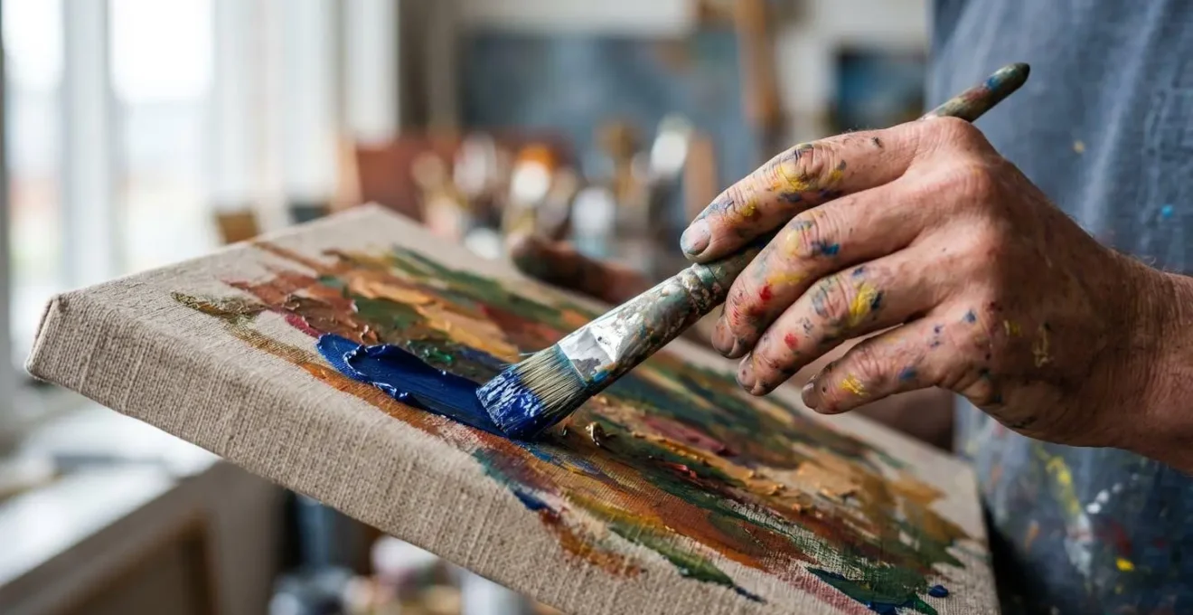 Intimate artist studio space in London showing creative work in progress with natural lighting