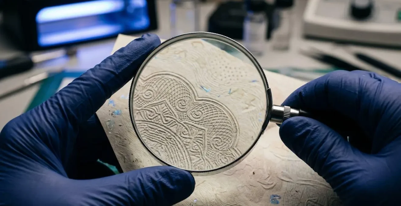 Expert authenticator examining artwork certificates with magnifying glass