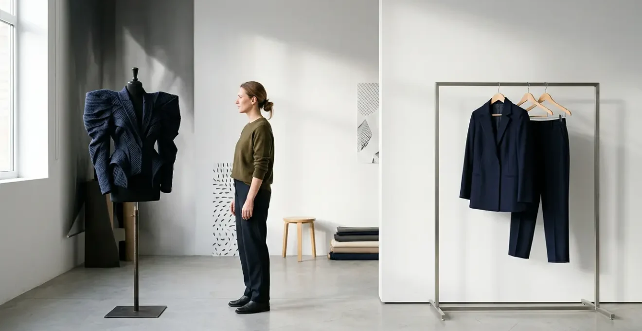 Fashion designer analyzing commercial viability of avant-garde collection in modern studio