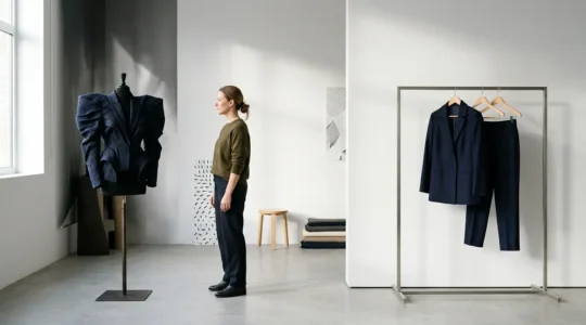 Fashion designer analyzing commercial viability of avant-garde collection in modern studio