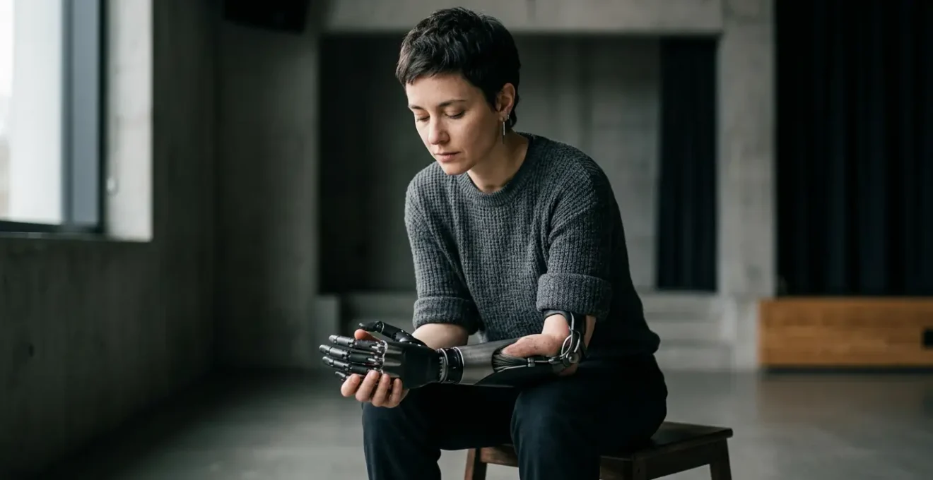 Performance artist with integrated robotic prosthetic device in contemplative studio setting