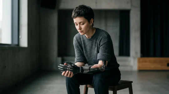 Performance artist with integrated robotic prosthetic device in contemplative studio setting