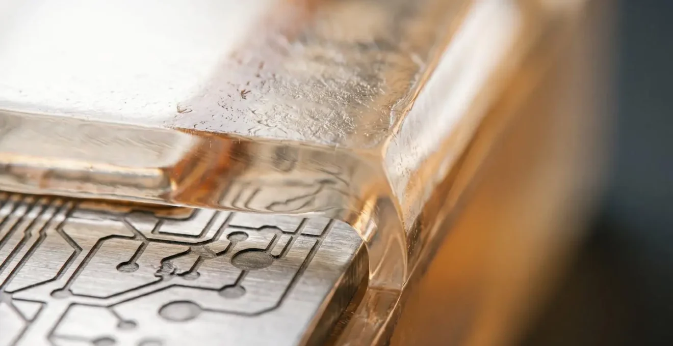 Extreme close-up of medical-grade polymer coating on electronic sensor component showing moisture barrier