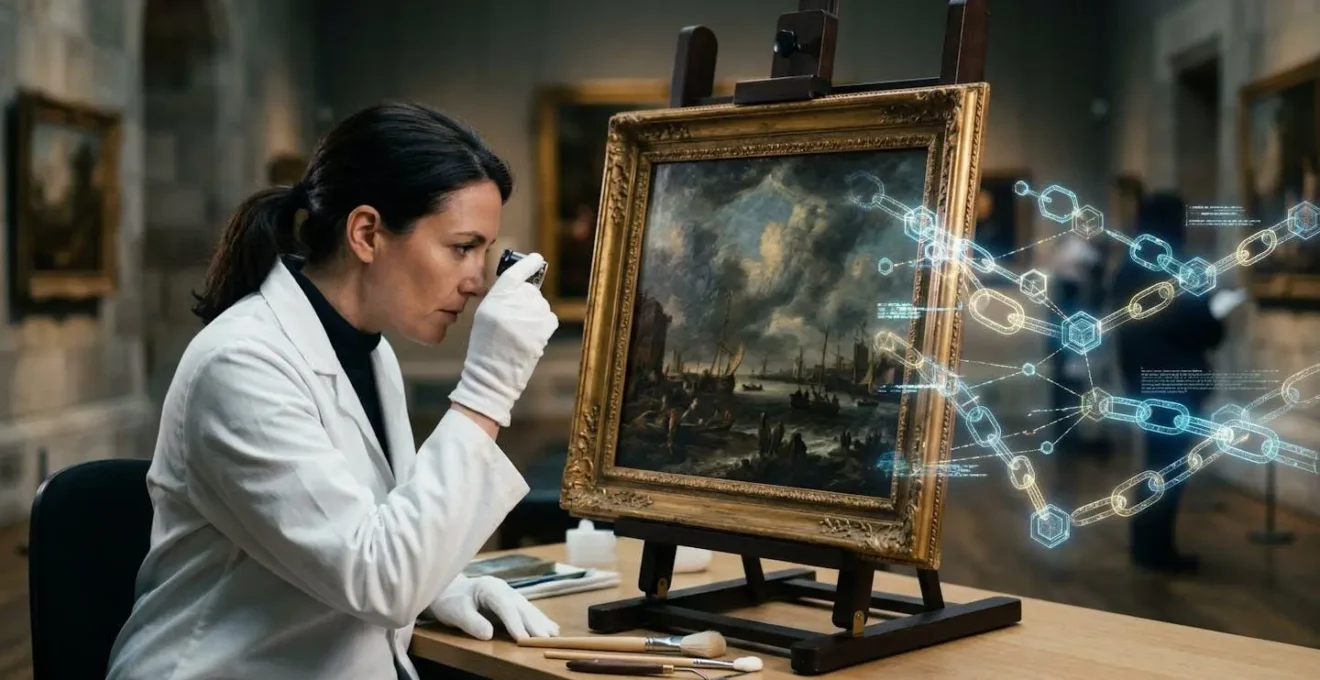 A museum curator examining a painting through a magnifying glass with digital blockchain patterns overlaying the canvas