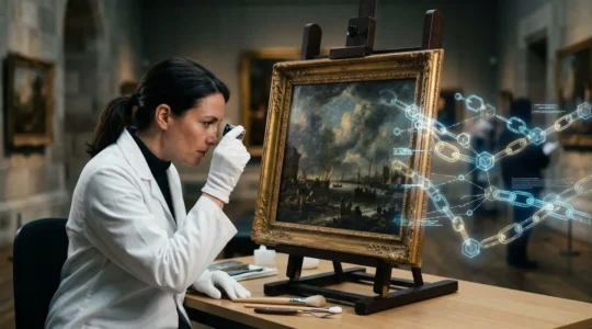A museum curator examining a painting through a magnifying glass with digital blockchain patterns overlaying the canvas