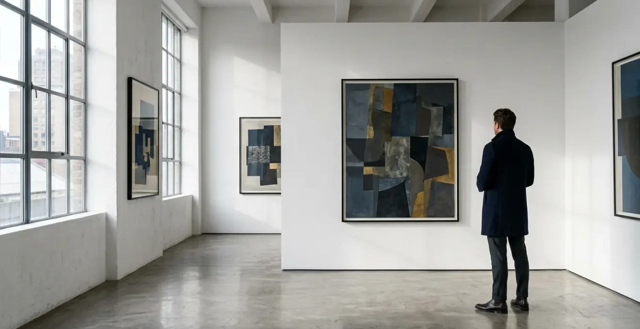 Elegant gallery space showcasing British blue-chip artworks with natural lighting and contemplative atmosphere
