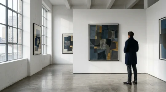 Elegant gallery space showcasing British blue-chip artworks with natural lighting and contemplative atmosphere