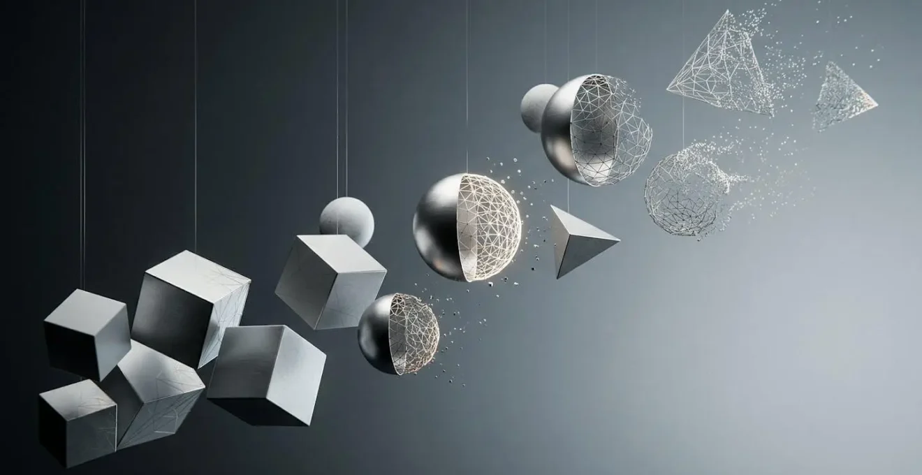 Abstract composition of floating geometric shapes transforming between multiple states to represent generative brand identity