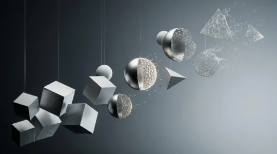 Abstract composition of floating geometric shapes transforming between multiple states to represent generative brand identity