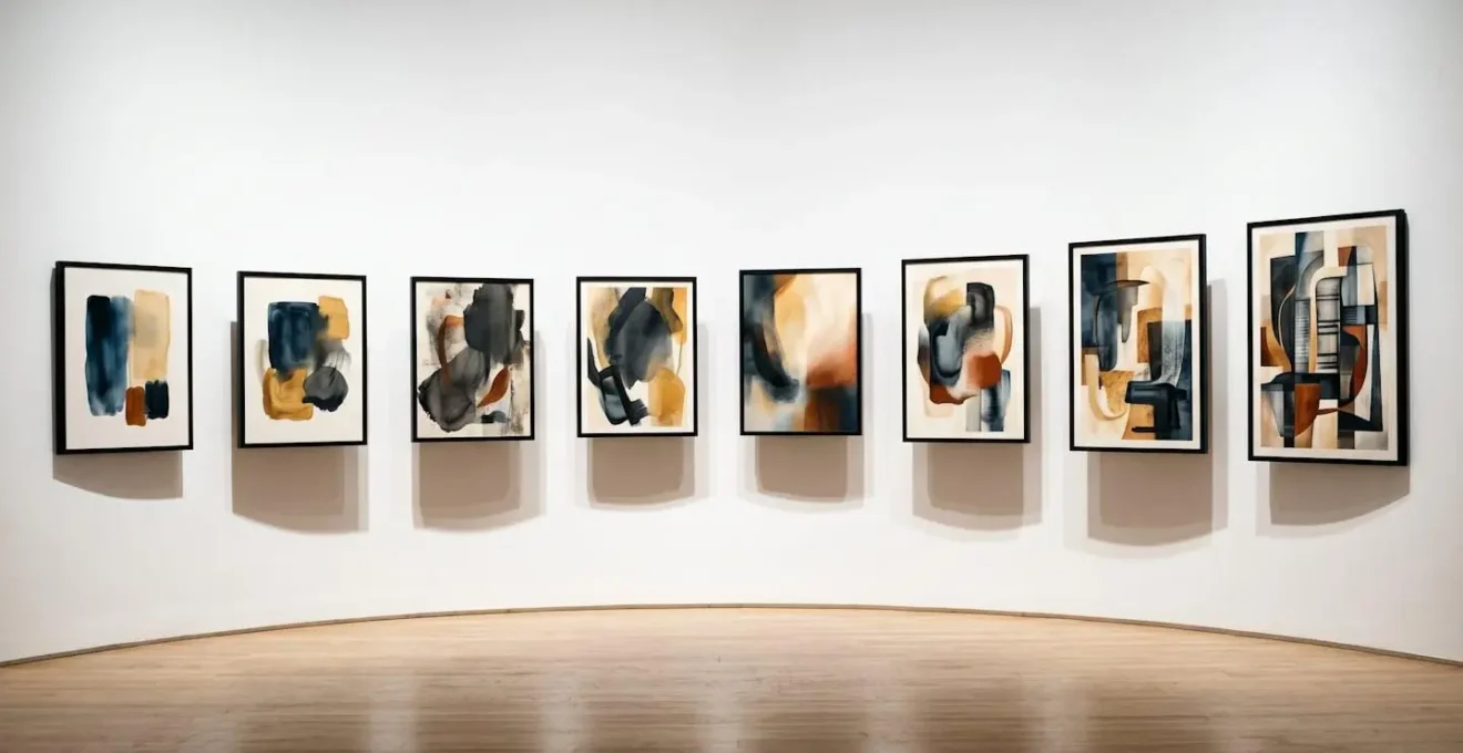 Art advisor examining first-time exhibitor's portfolio showing consistent artistic vision across multiple works