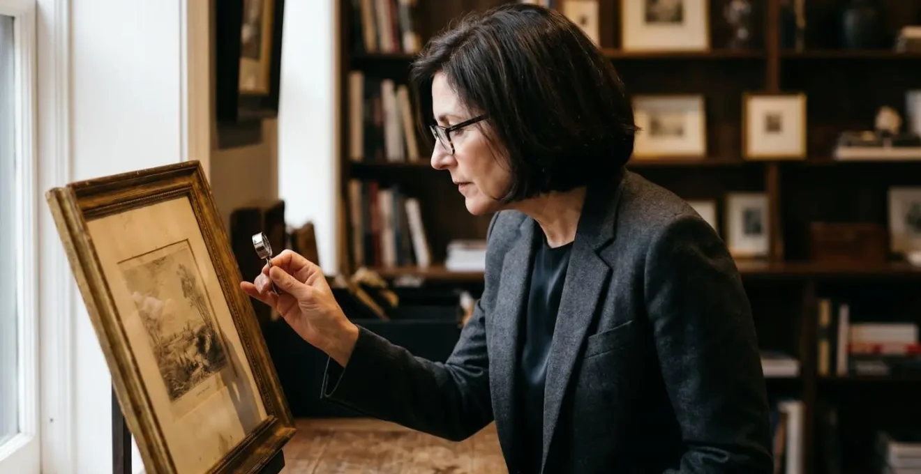 Art collector closely studying a small artwork in an exclusive gallery back room with focused lighting