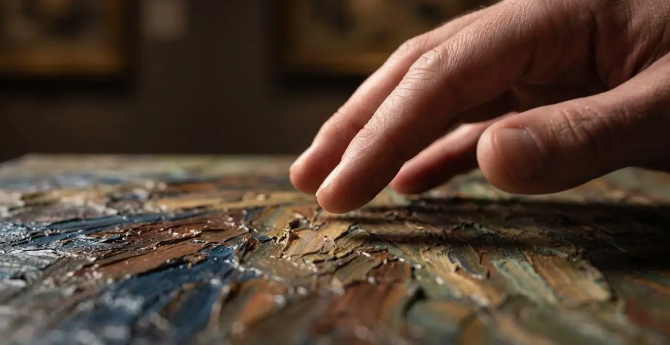 Close-up of art collector examining brushwork detail on contemporary canvas
