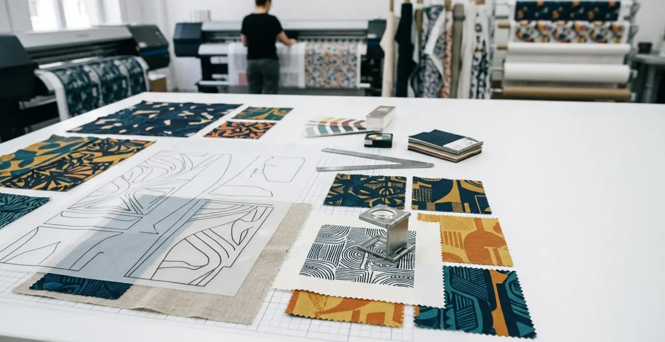 Professional textile designer working with vector patterns on a large-scale digital printing setup