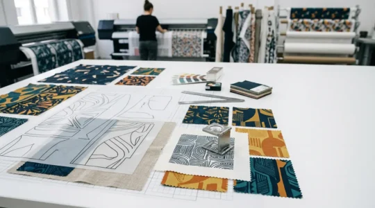Professional textile designer working with vector patterns on a large-scale digital printing setup