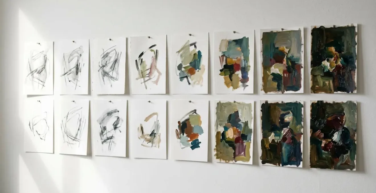 Gallery wall showing progression of concept sketches from loose to refined