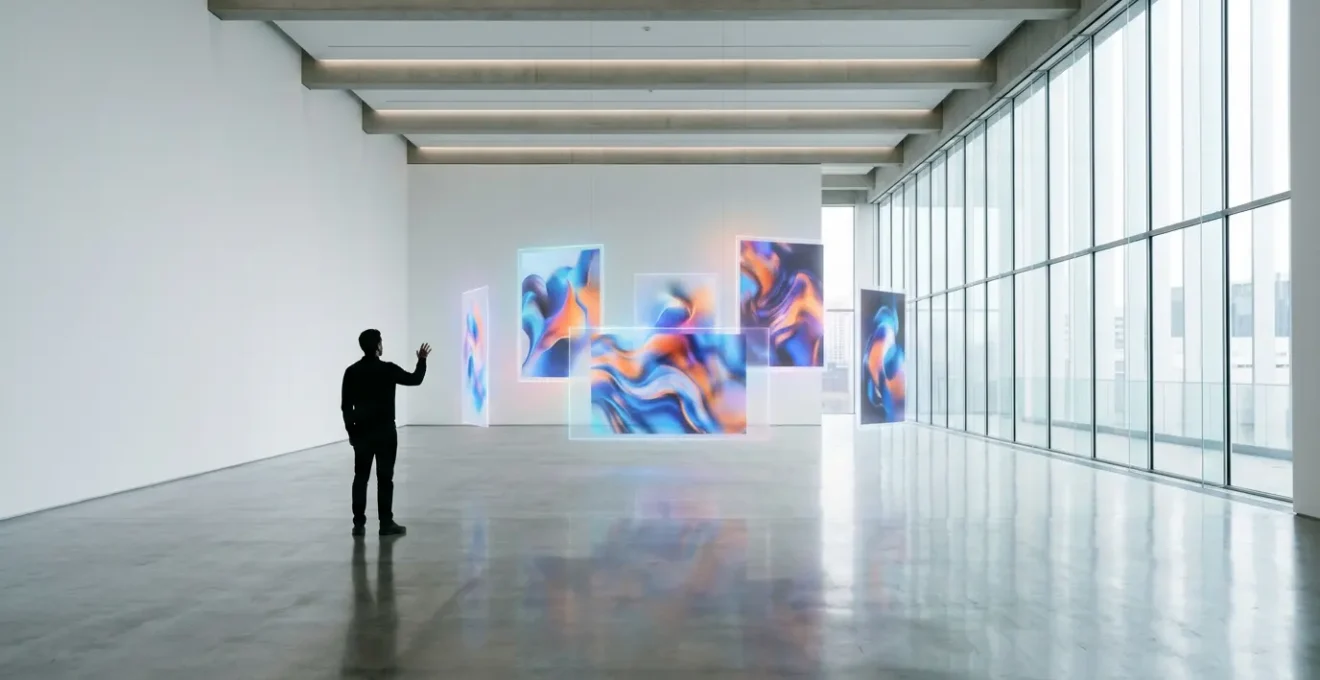 Contemporary art auction interface with digital bidding activity and valuable artwork displays