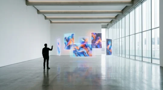 Contemporary art auction interface with digital bidding activity and valuable artwork displays