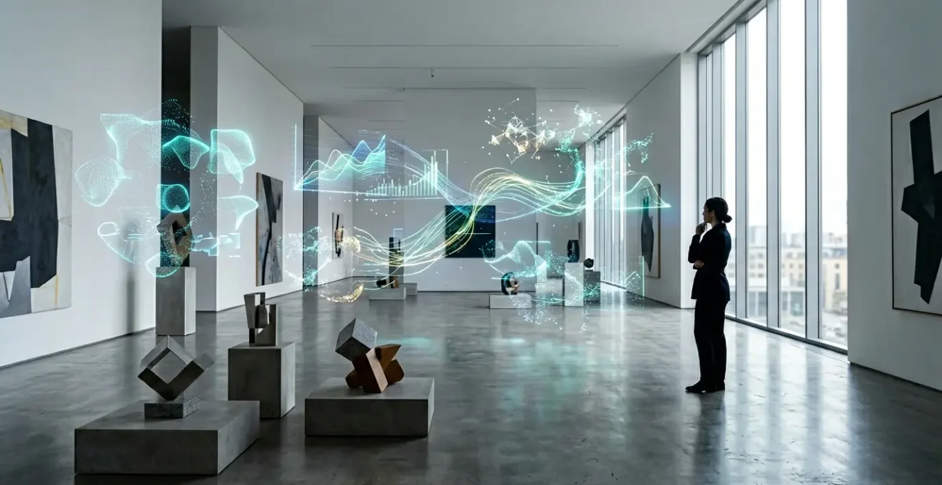Modern gallery space with abstract data visualizations floating in air, showing art market trends through holographic displays