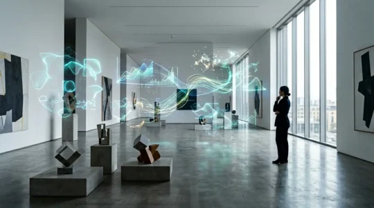 Modern gallery space with abstract data visualizations floating in air, showing art market trends through holographic displays