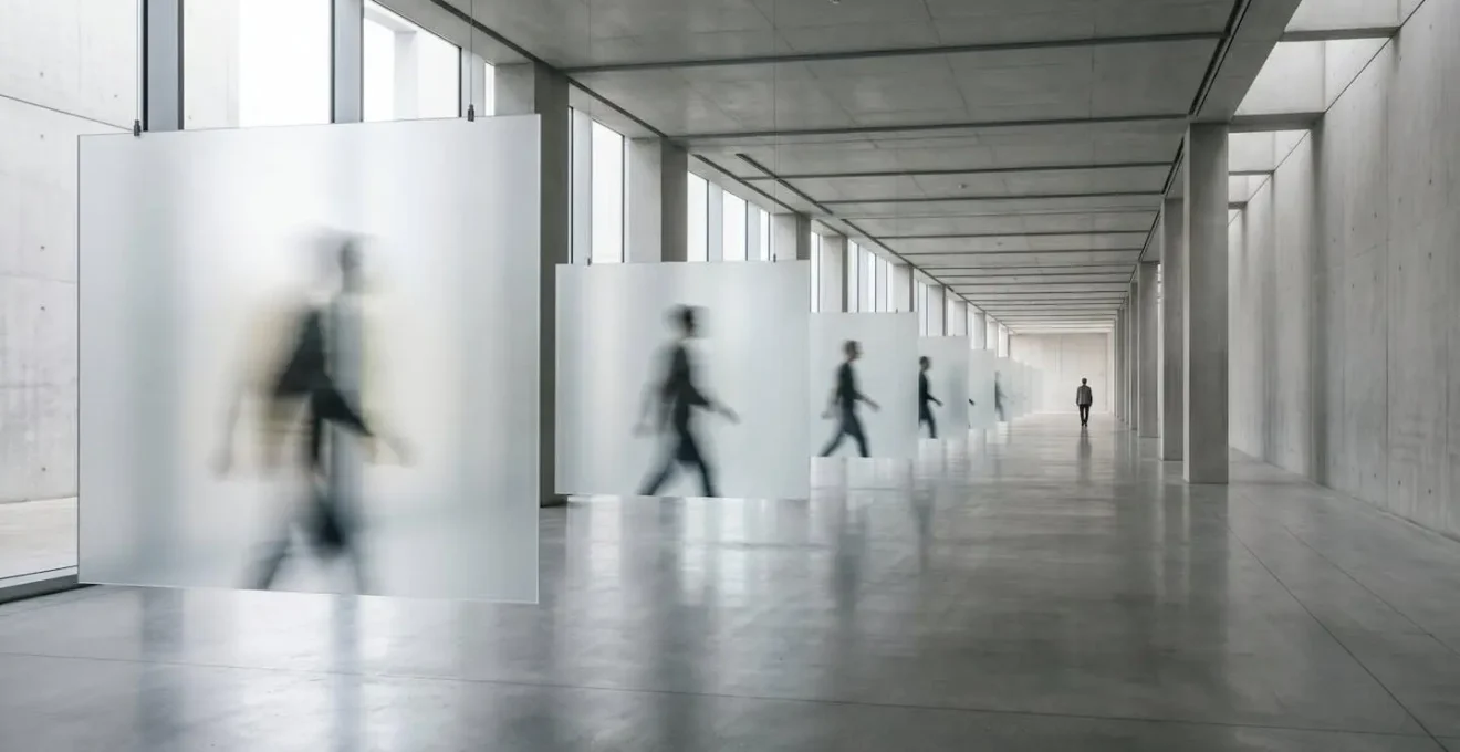 Wide environmental shot of abstract temporal layers showing motion blur and frame separation in generative art preservation