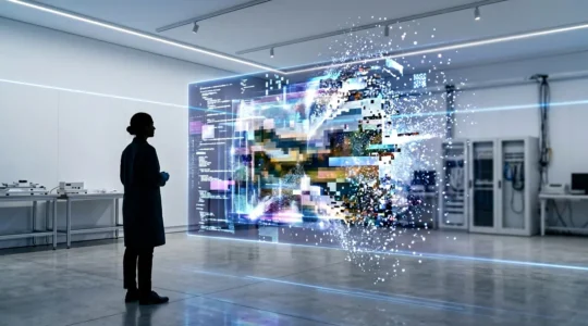 Museum conservator examining holographic digital artwork projection in modern preservation lab