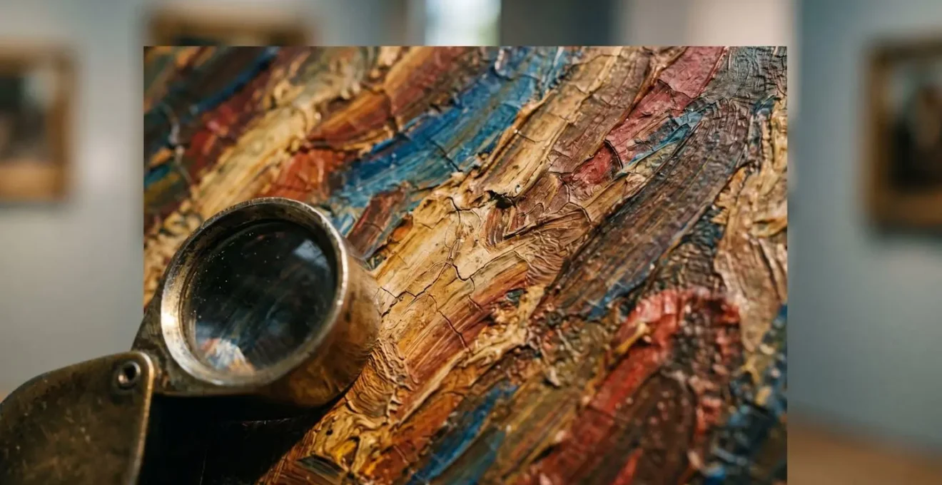 Extreme close-up of painting brushstrokes and texture being examined for authentication