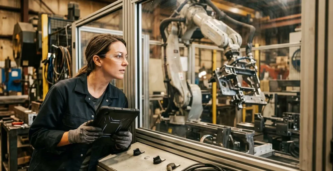 Factory floor with robotic arms and digital monitoring systems for algorithmic manufacturing
